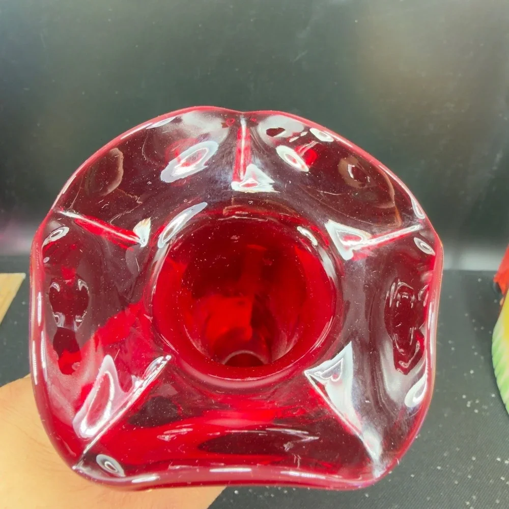 Vintage Ruby Red Crackle Art Glass Bud Vase Ruffled‎ Rim Clear Base 1990s Vase